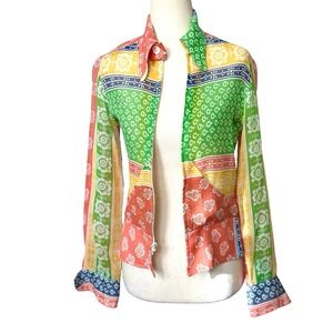 Vtg 60s Semi Sheer Paper Thin Patchwork Print Cropped Jacket Size XS Boho Hippie